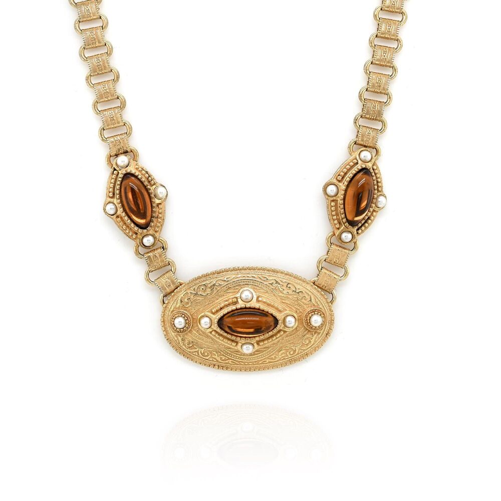 1928 Victorian Revival Gold Plated Faux Amber Statement Necklace